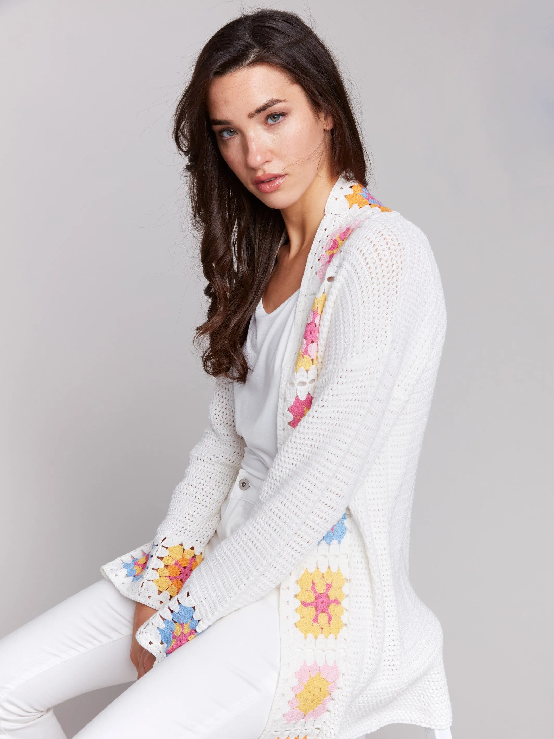 Anti Pilling Surface Cotton Crochet Border Cardigan - Natural