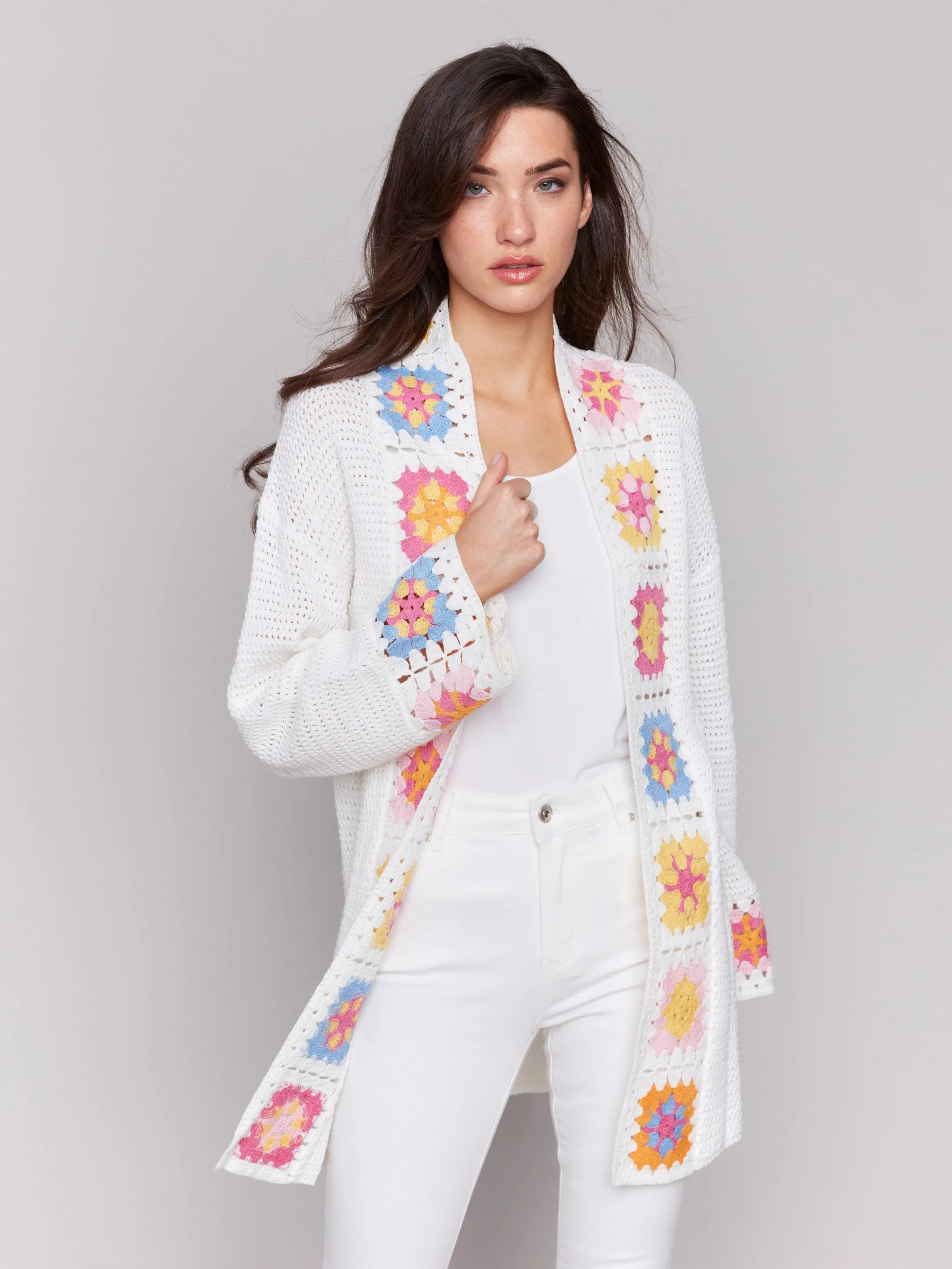 Outdoor Style Cotton Crochet Border Cardigan - Natural
