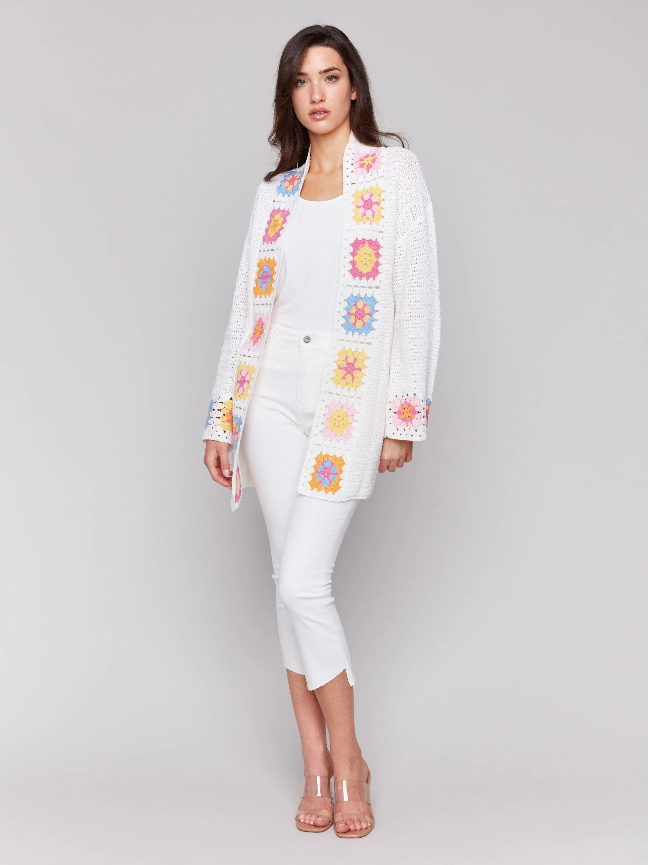 Cotton Crochet Border Cardigan - Natural Comfy Knit Outfit
