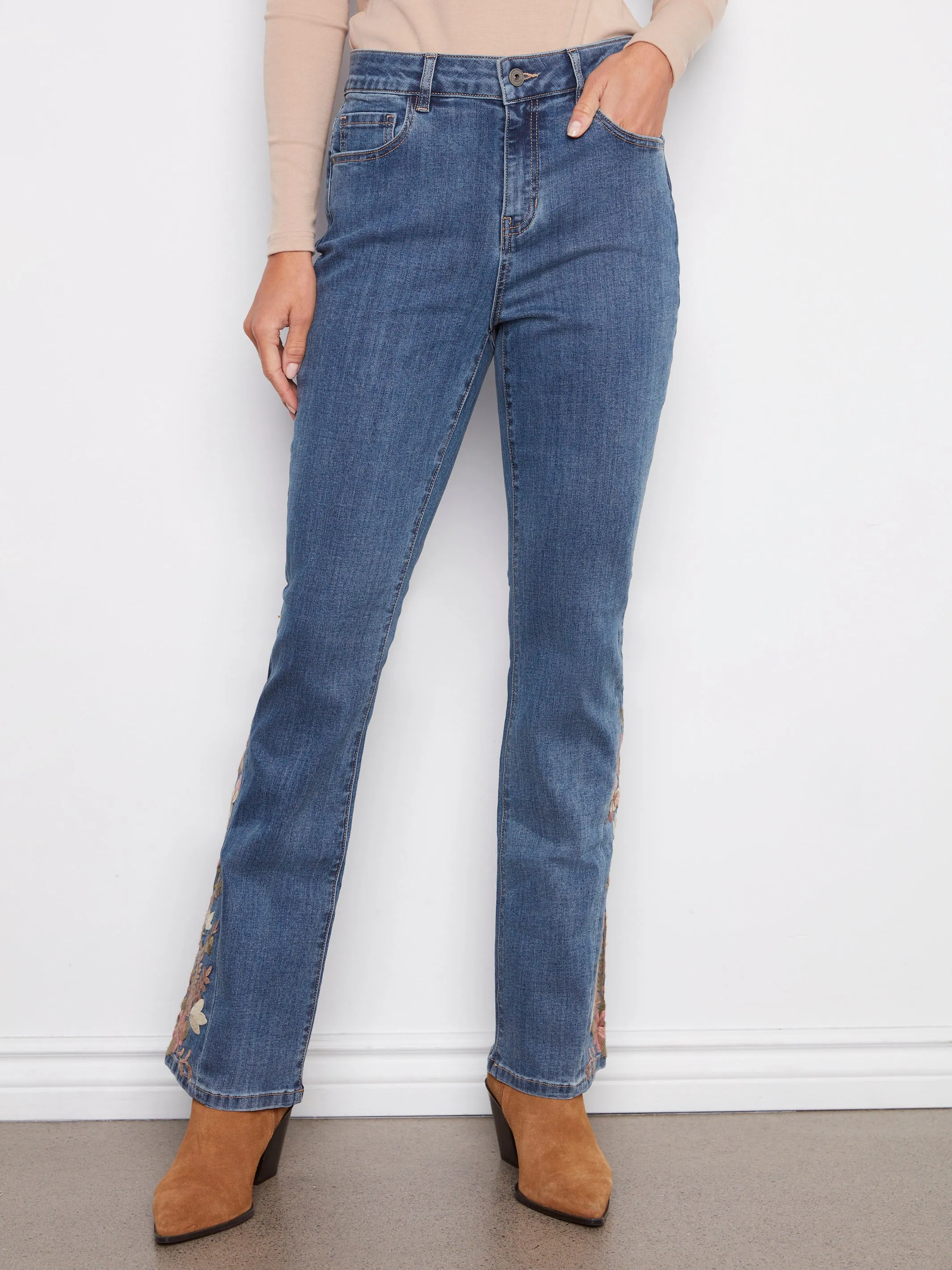 Bootcut Jeans With Floral Embroidery - Medium Blue Casual Spring Mood Classic Wear Non Irritating Inner Lining