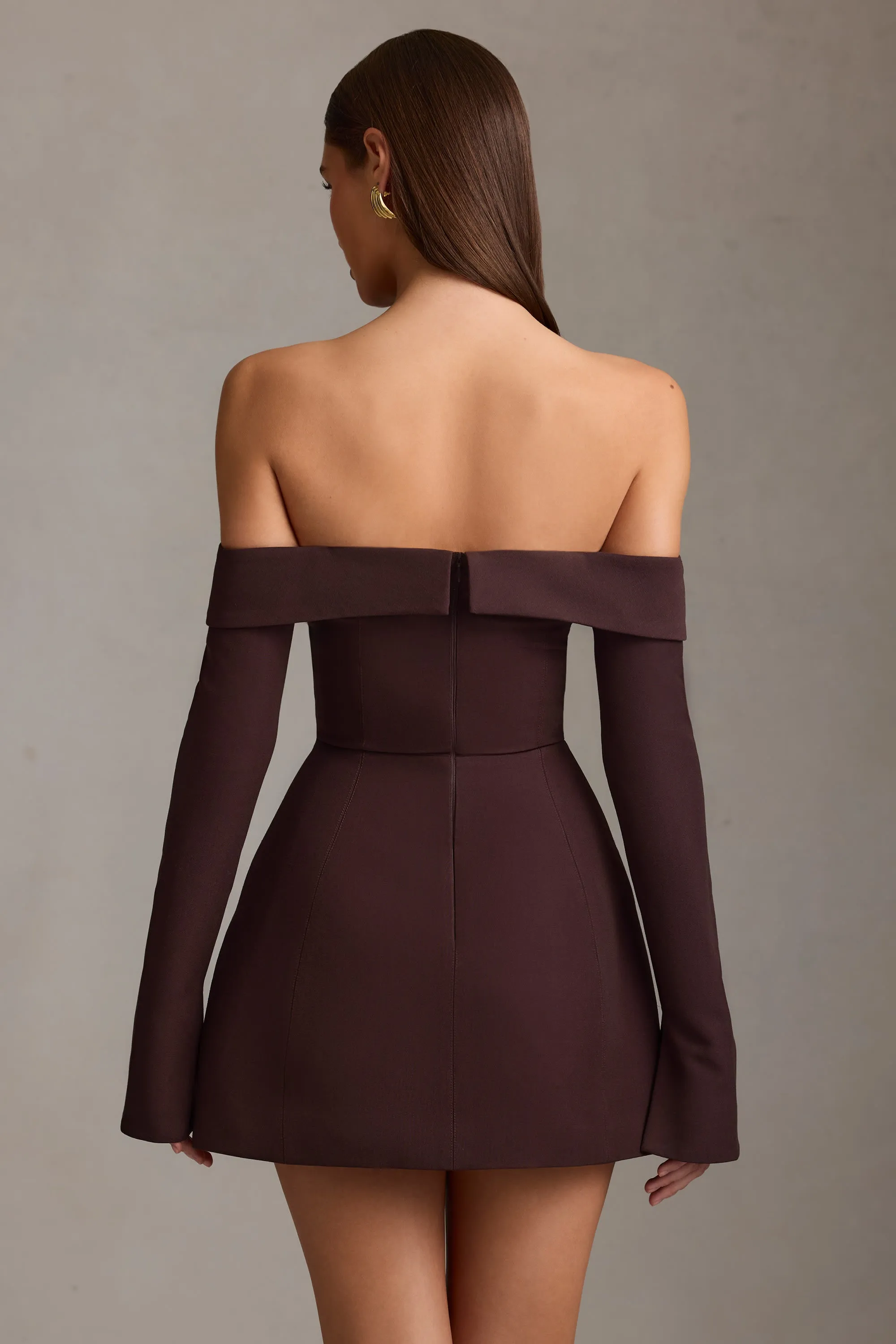Night Sparkle Off-Shoulder Structured A-Line Mini Dress in Chocolate Brown
