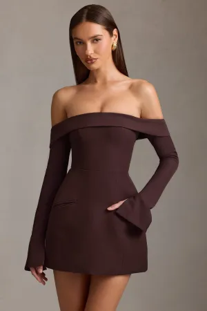 Off-Shoulder Structured A-Line Mini Dress in Chocolate Brown Hidden Pocket Design Effortless Fashion