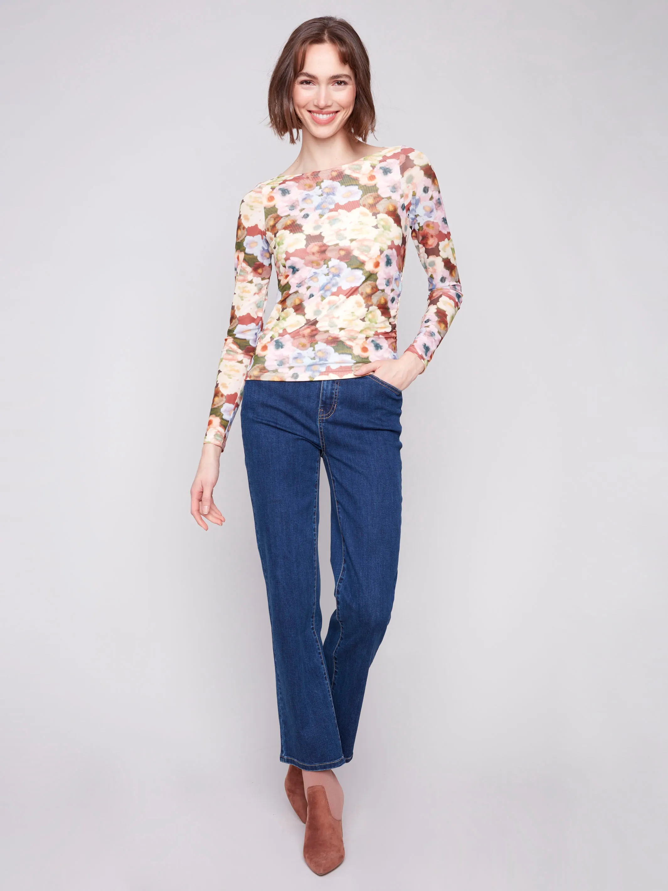 Soft Brushed Finish Vintage authenticity Printed Ruched Mesh Top - Botanical