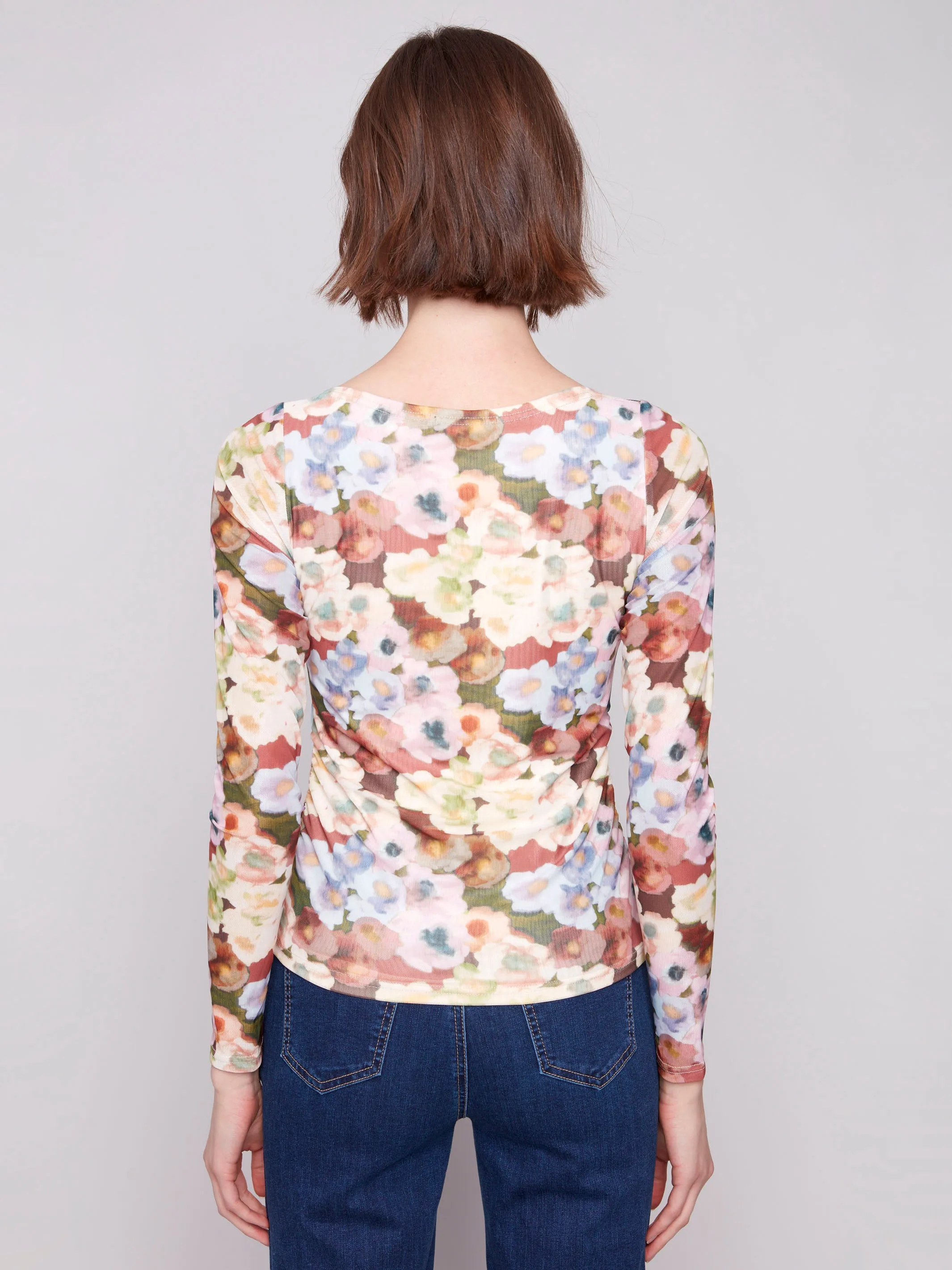 Printed Ruched Mesh Top - Botanical Outdoor Light All-Season Comfort