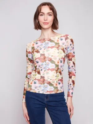 Printed Ruched Mesh Top - Botanical Hypoallergenic Textile Comfy Look