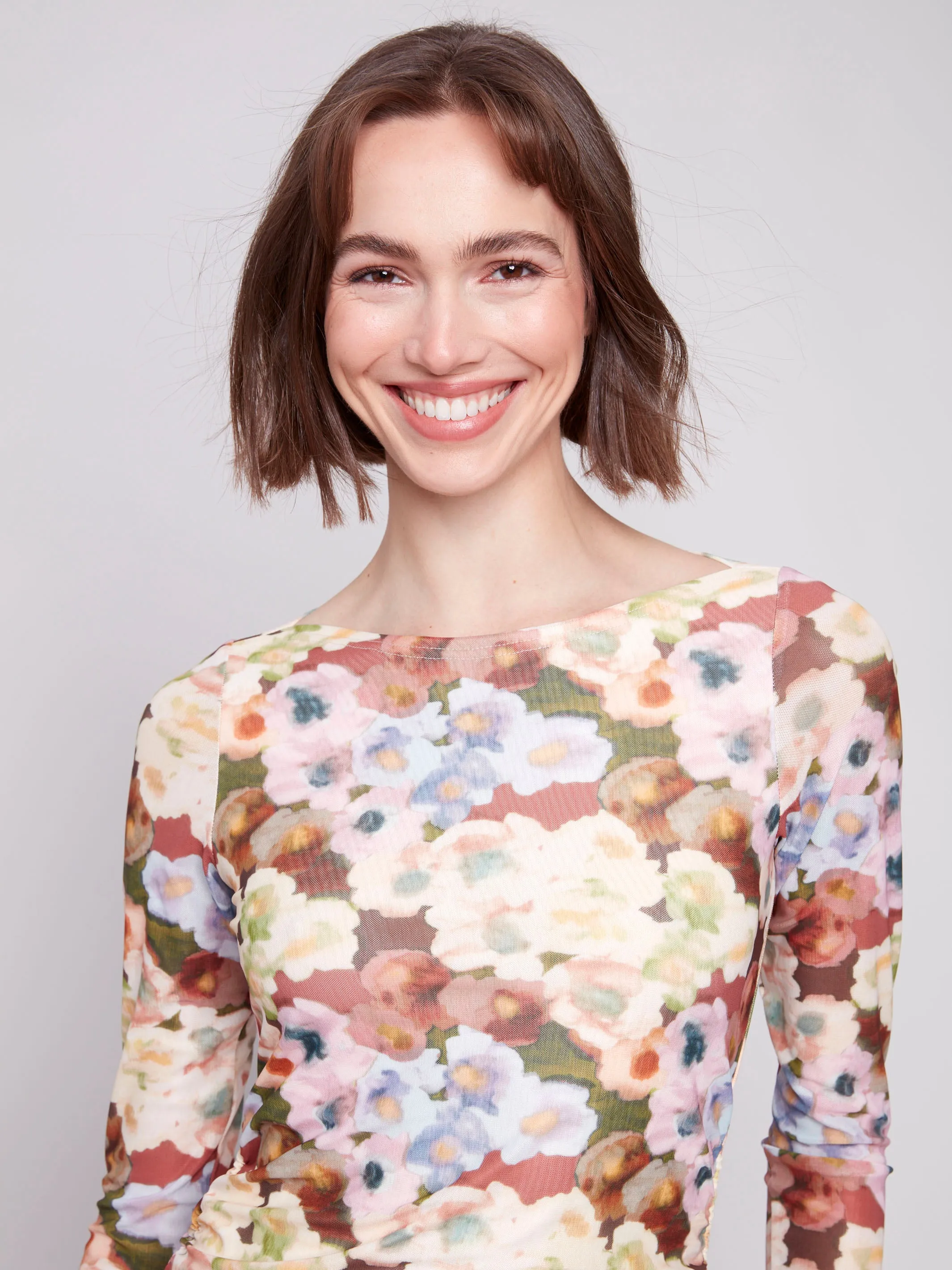 Versatile Option Stylish Day Wear Printed Ruched Mesh Top - Botanical