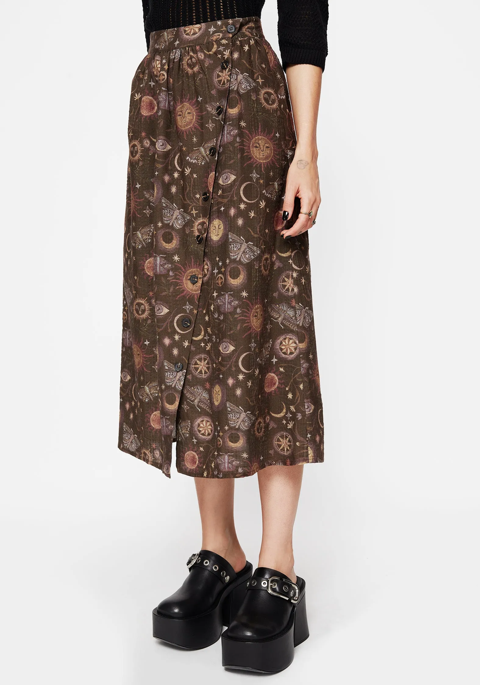 Rhea Cotton Blend Moth and Moon Print Midaxi Skirt Non Irritating Edges Modern Luxe
