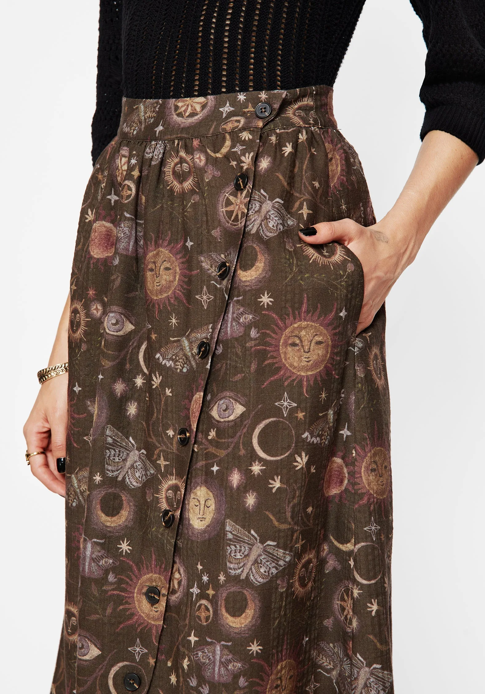 Department Store Style Rhea Cotton Blend Moth and Moon Print Midaxi Skirt