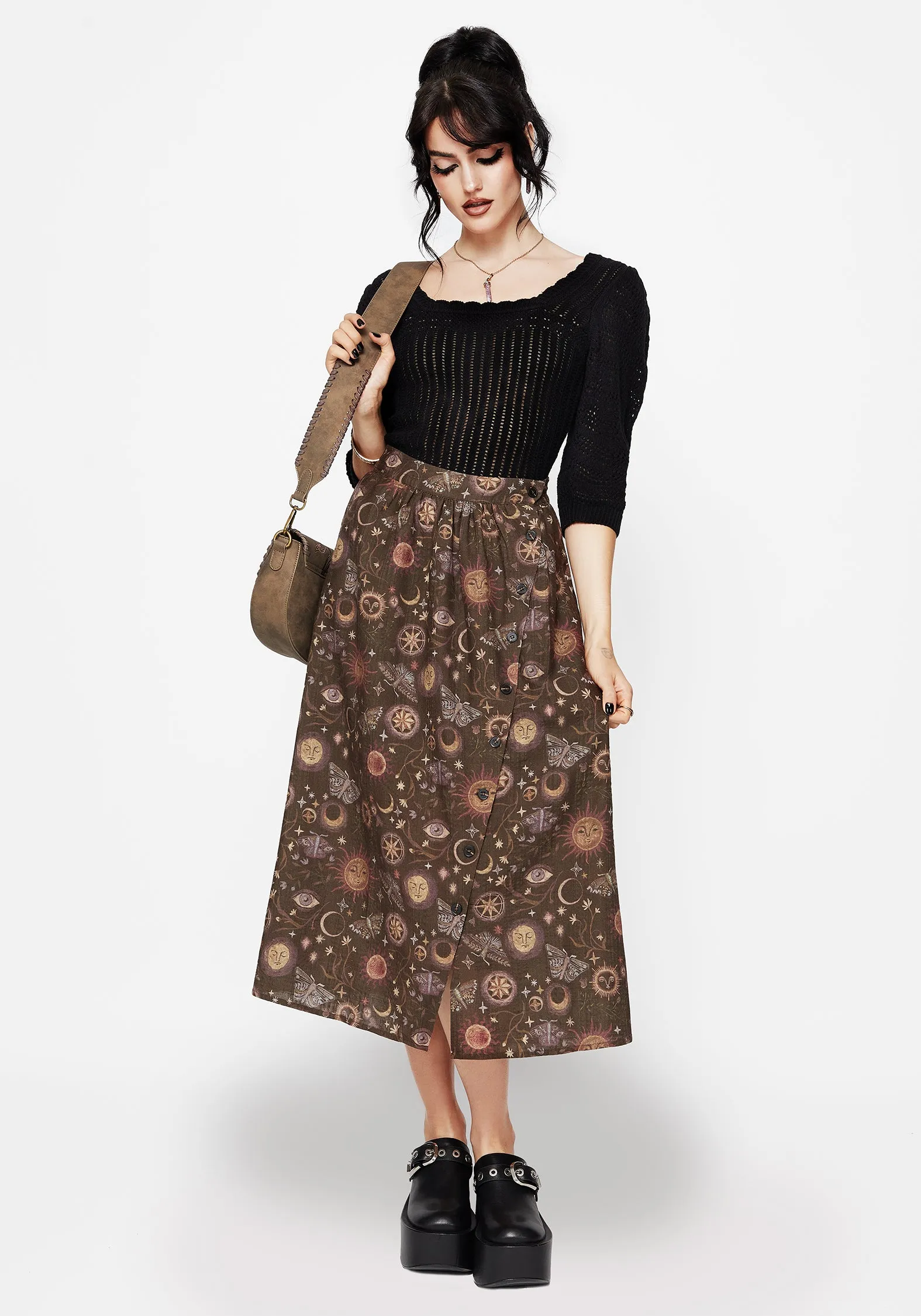 Hand Stitched Rhea Cotton Blend Moth and Moon Print Midaxi Skirt