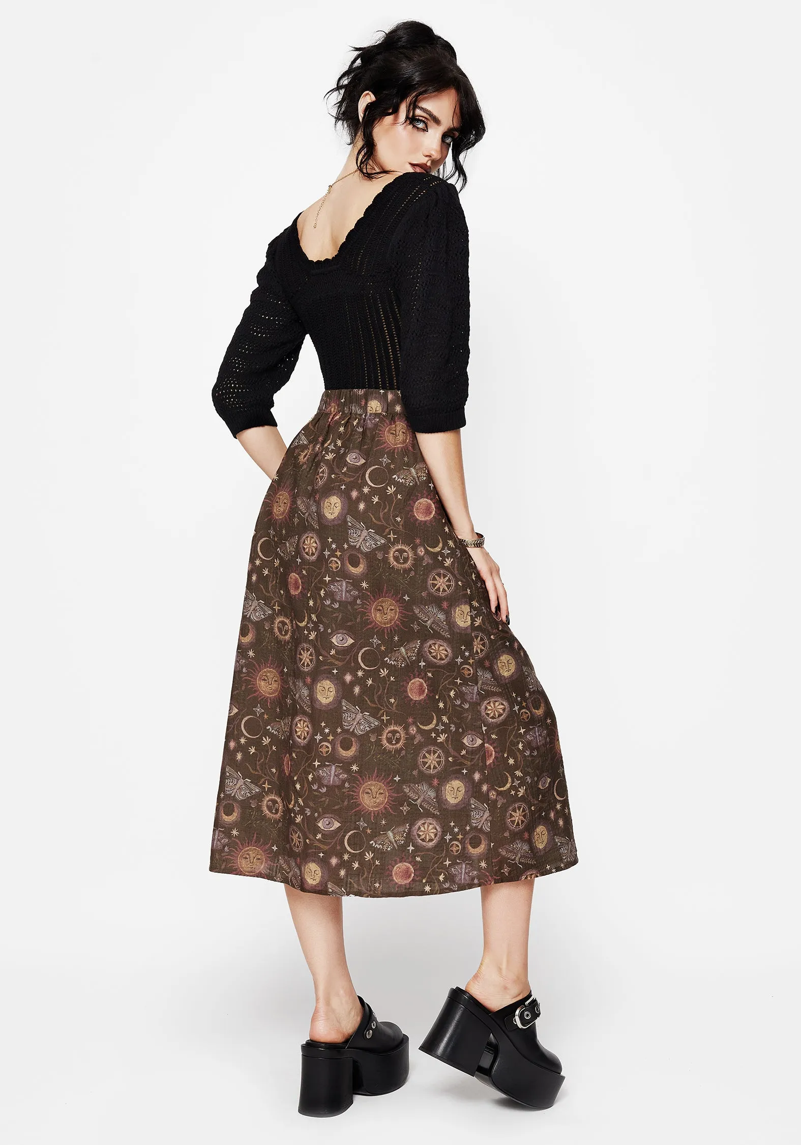 Iconic Style Rhea Cotton Blend Moth and Moon Print Midaxi Skirt
