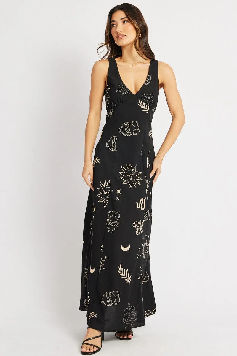 Casual weekend midi Elegant Look Black Abstract Midi Dress V Neck Sleeveless