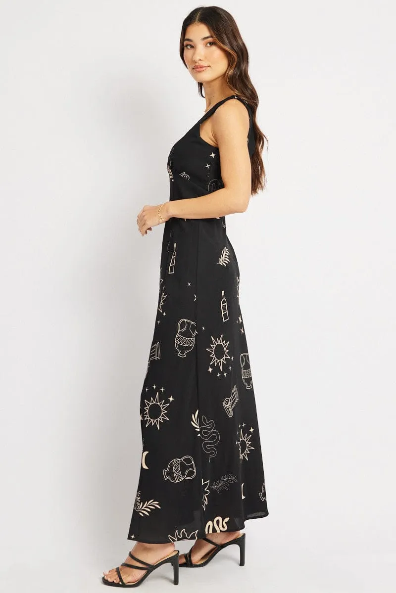 Layer Light Black Abstract Midi Dress V Neck Sleeveless
