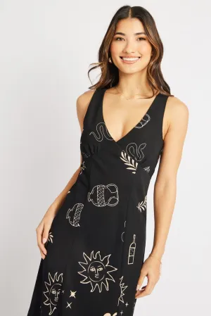 Black Abstract Midi Dress V Neck Sleeveless Stylish semi-formal dress City Mood