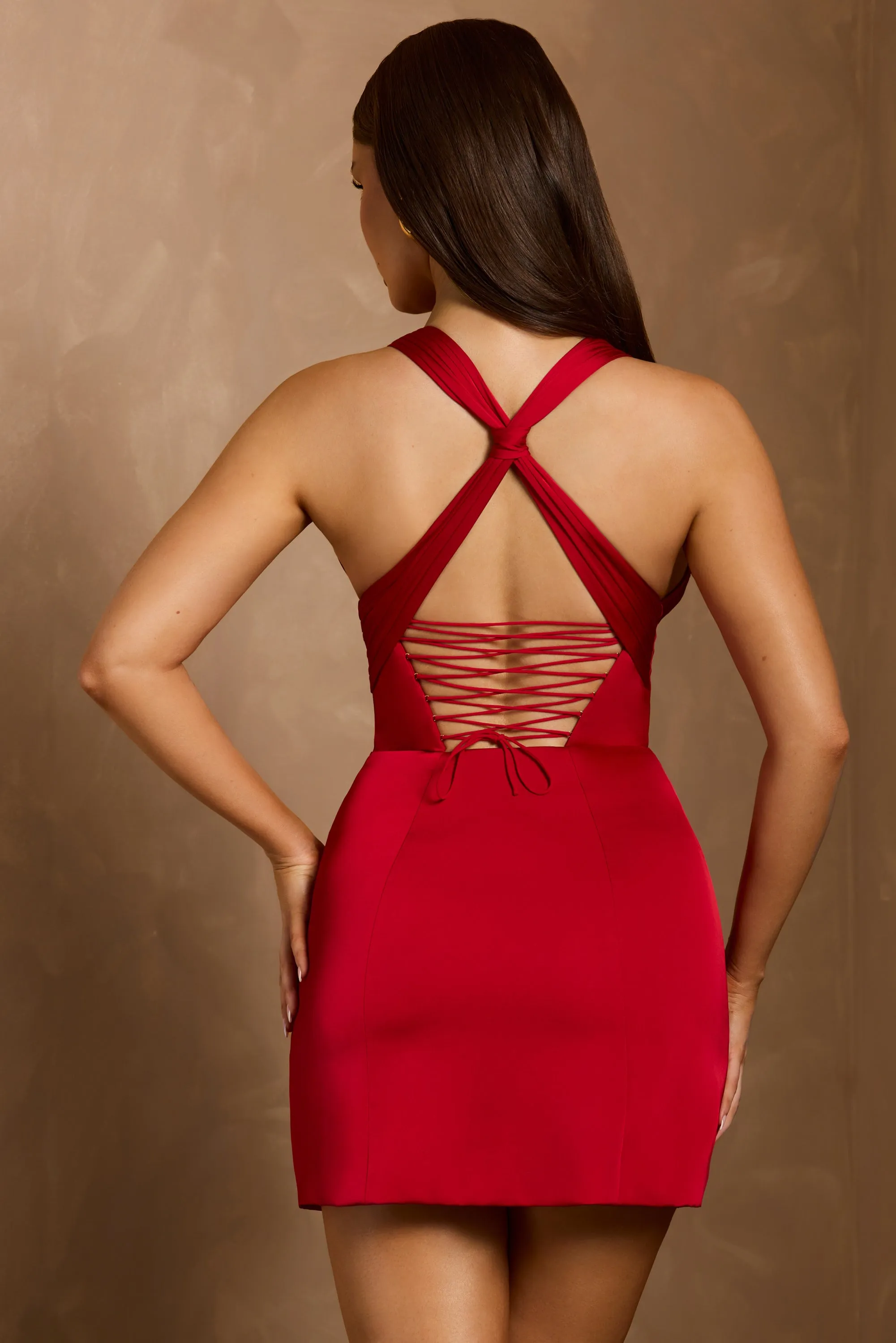 Halterneck Lace-Up A-Line Mini Dress in Scarlet Red Shine Edge