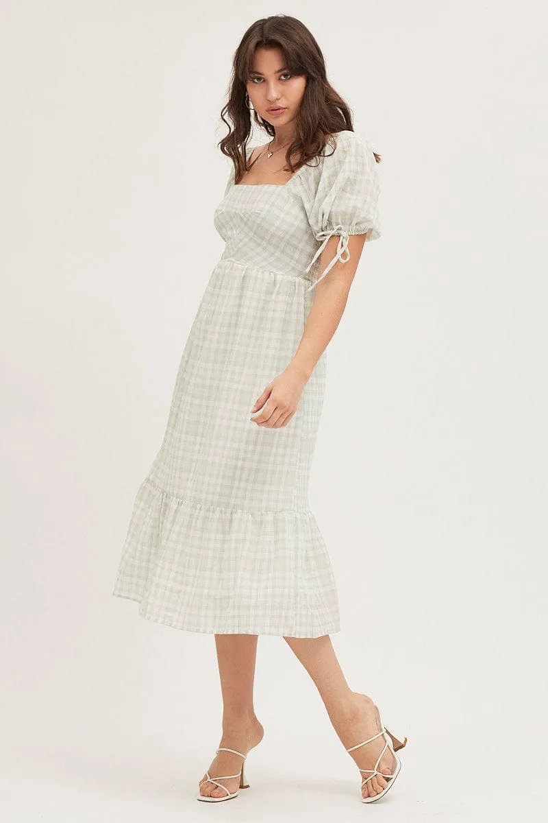 Check Midi Dress Short Sleeve Evening Elegant fit-and-flare dress