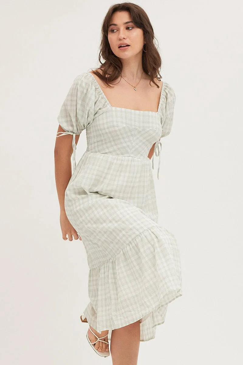 Shell Path Check Midi Dress Short Sleeve Evening