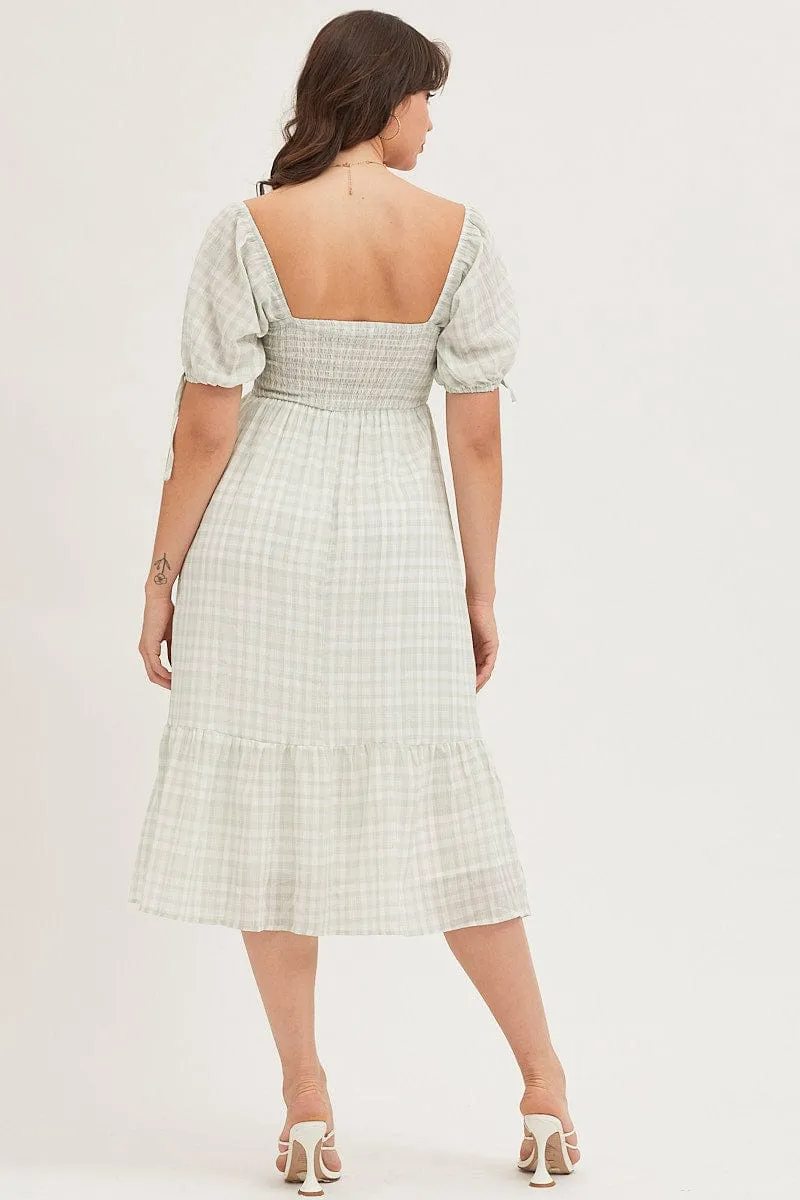 Check Midi Dress Short Sleeve Evening Olive Grove Vibrant Style