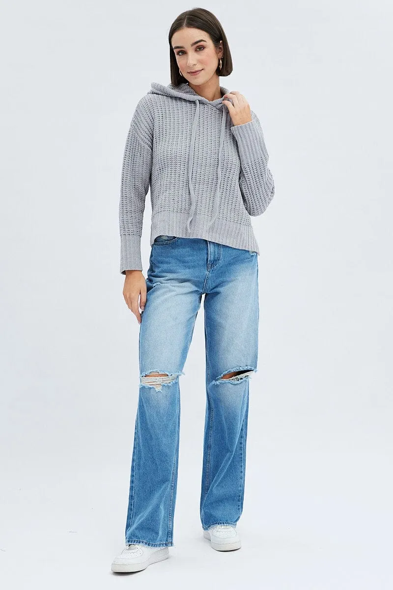 Grey Knit Top Long Sleeve Hoodie Cozy Clothing Style