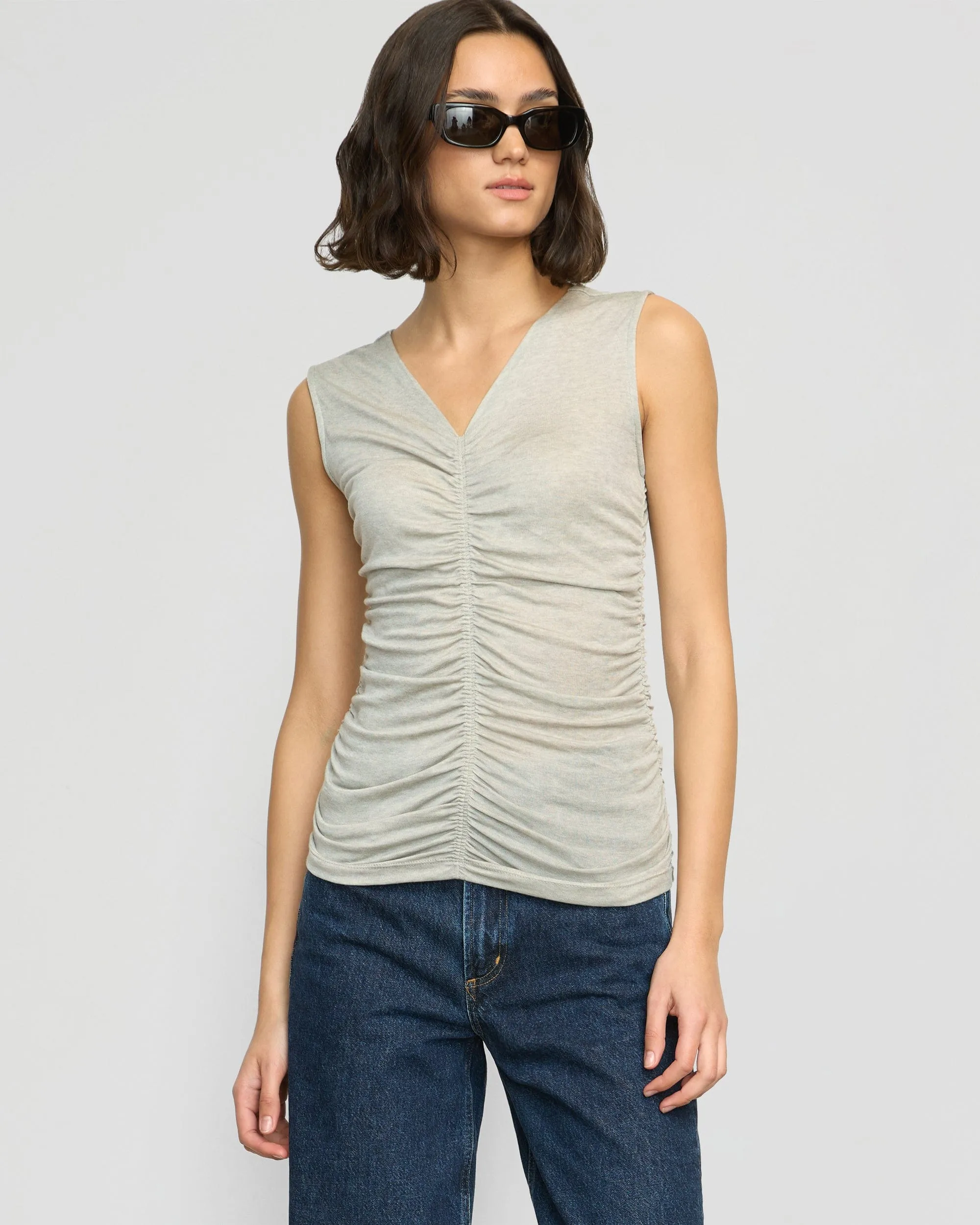 Light Layer High Density Weave Saleha Ruched-Front Sleeveless Tank