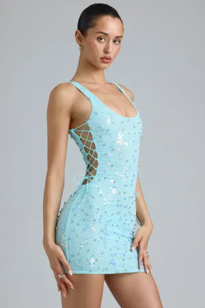 Embellished Lace-Up Mini Dress in Ice Blue Trendy boho-inspired mini