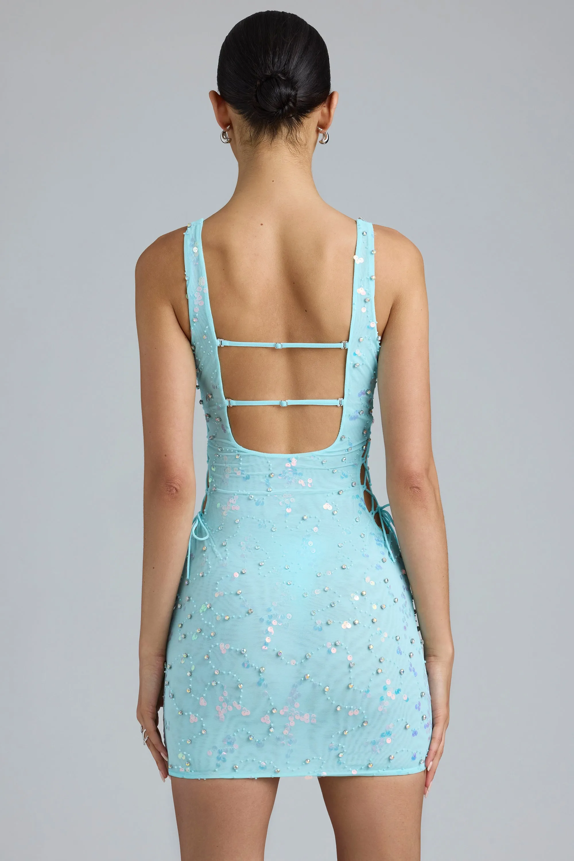 Quick Scene Casual chic style Embellished Lace-Up Mini Dress in Ice Blue