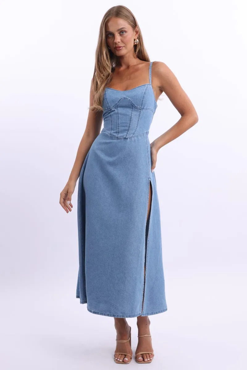 Stylish below-the-knee gown Court Yard Blue Midi Dress Strappy