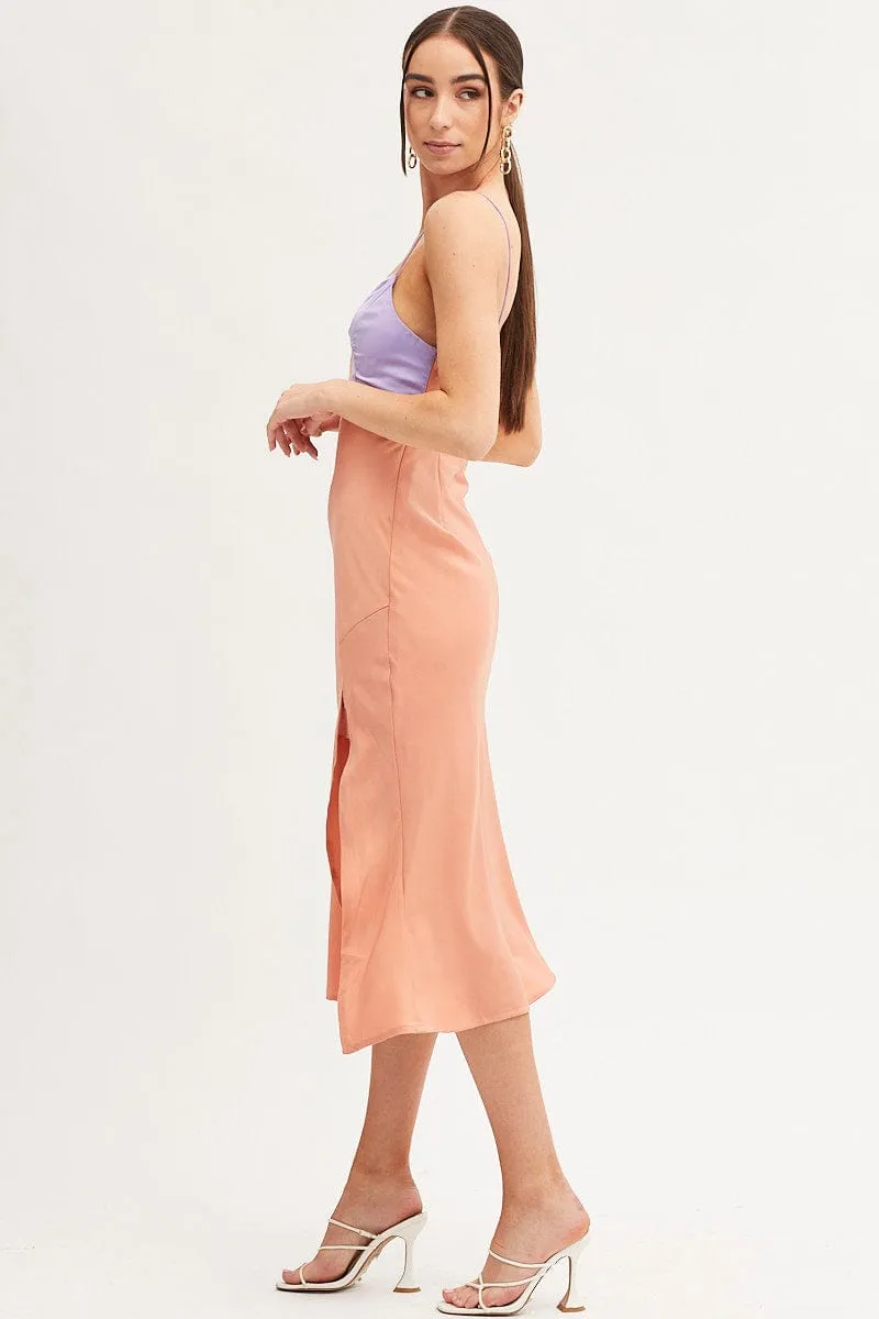 Multi Slip Dress Midi V Neck Colour Block Satin Seasonal Wardrobe