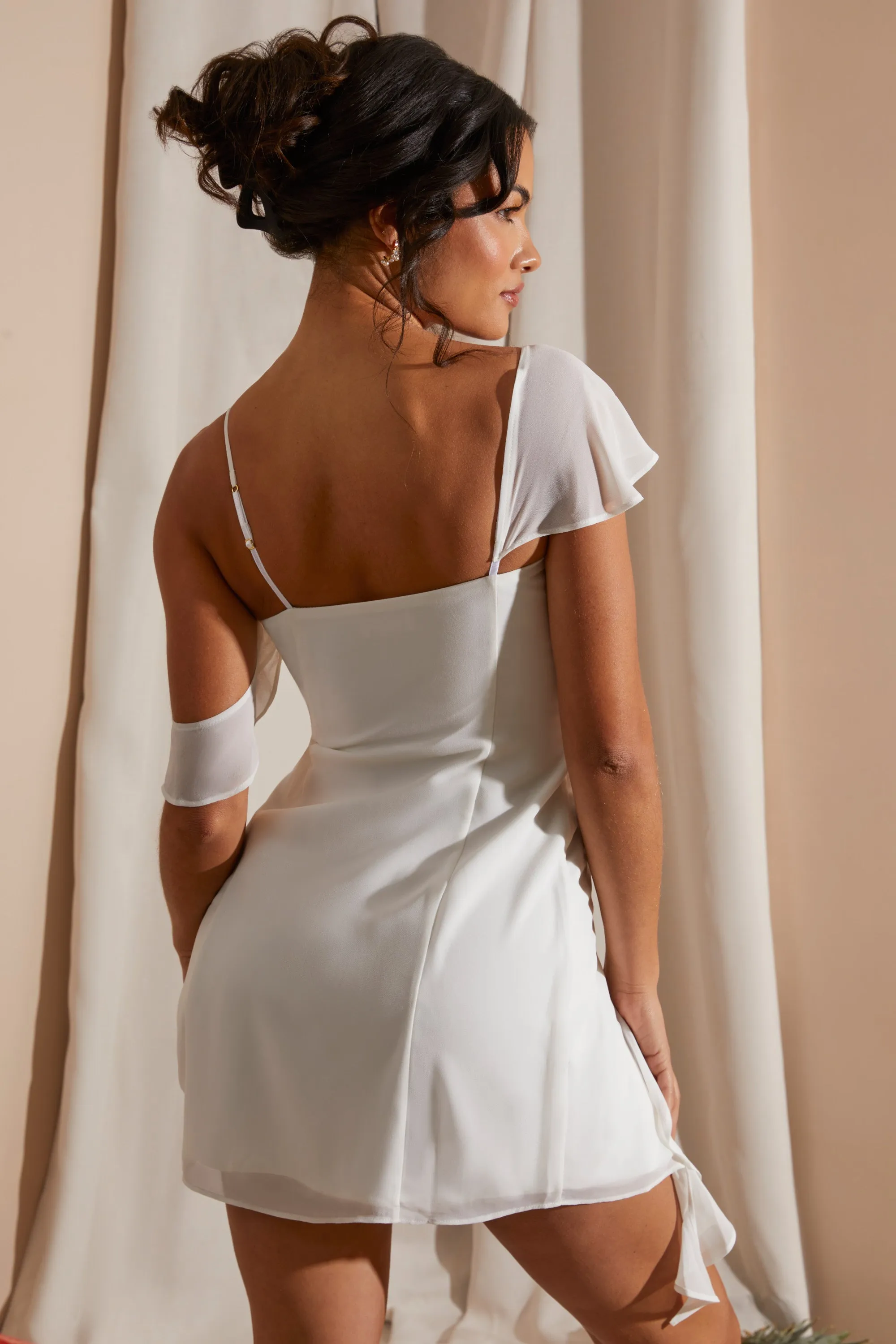 Asymmetric Draped Mini Dress in White Playful fabric mini dress Easy Wear