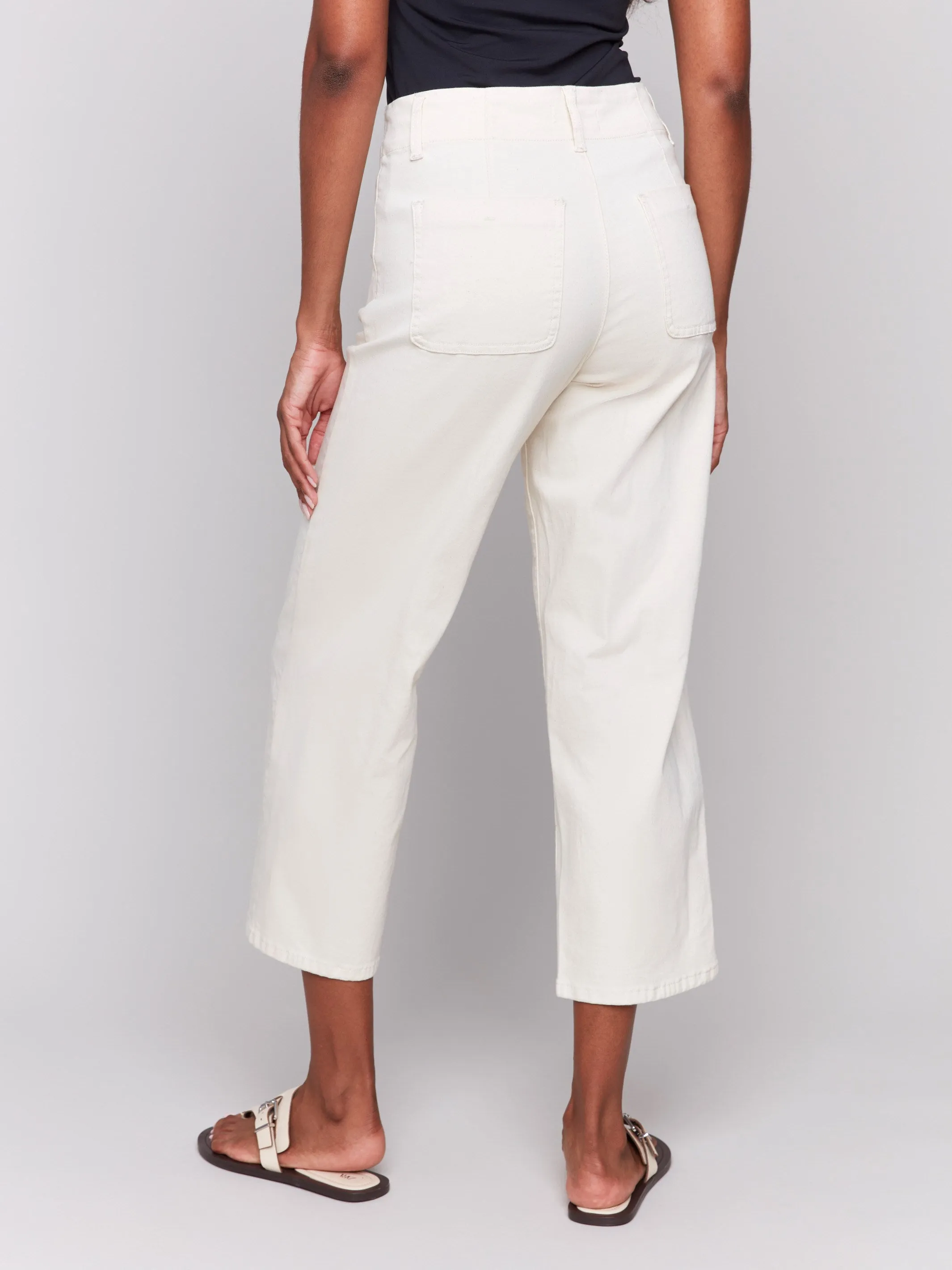 Front Button-Fly Crop Twill Pants - Natural Street Inspired