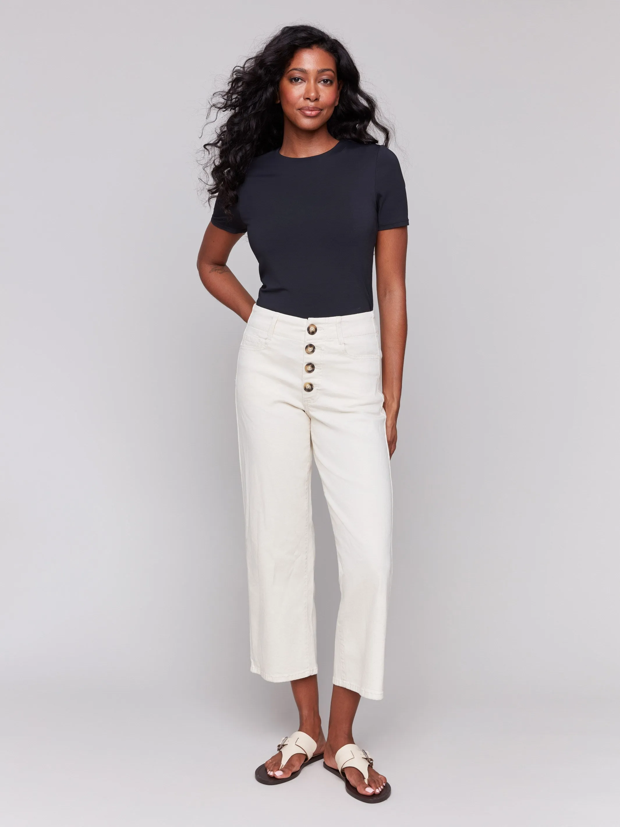 Anytime Fit Front Button-Fly Crop Twill Pants - Natural