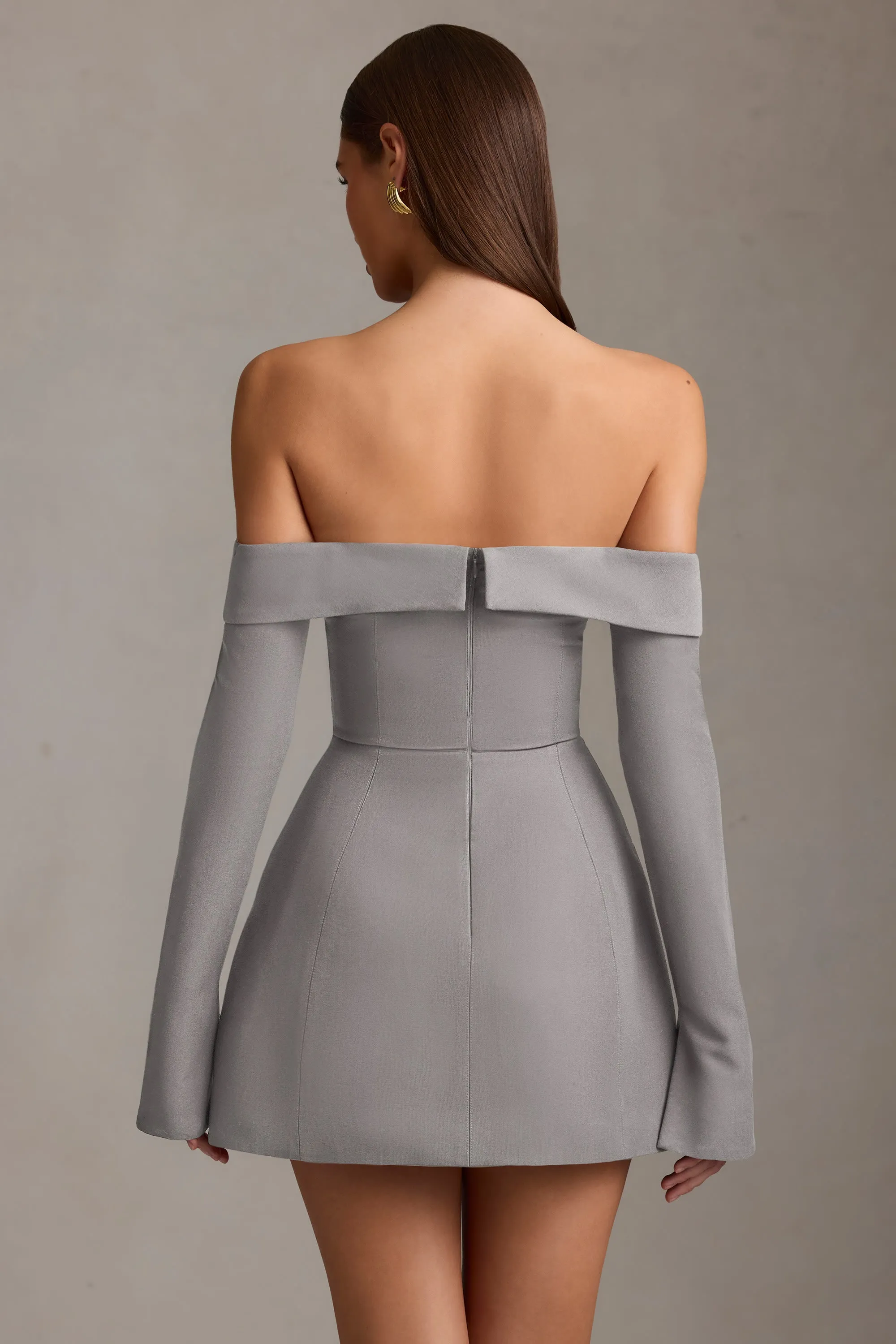 Off-Shoulder Structured A-Line Mini Dress in Grey Bar Beat