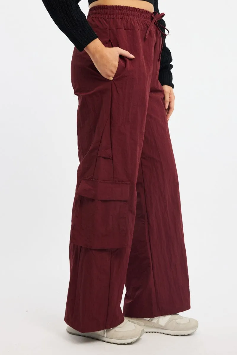 Red Cargo Pants High Rise High Waist Stretch