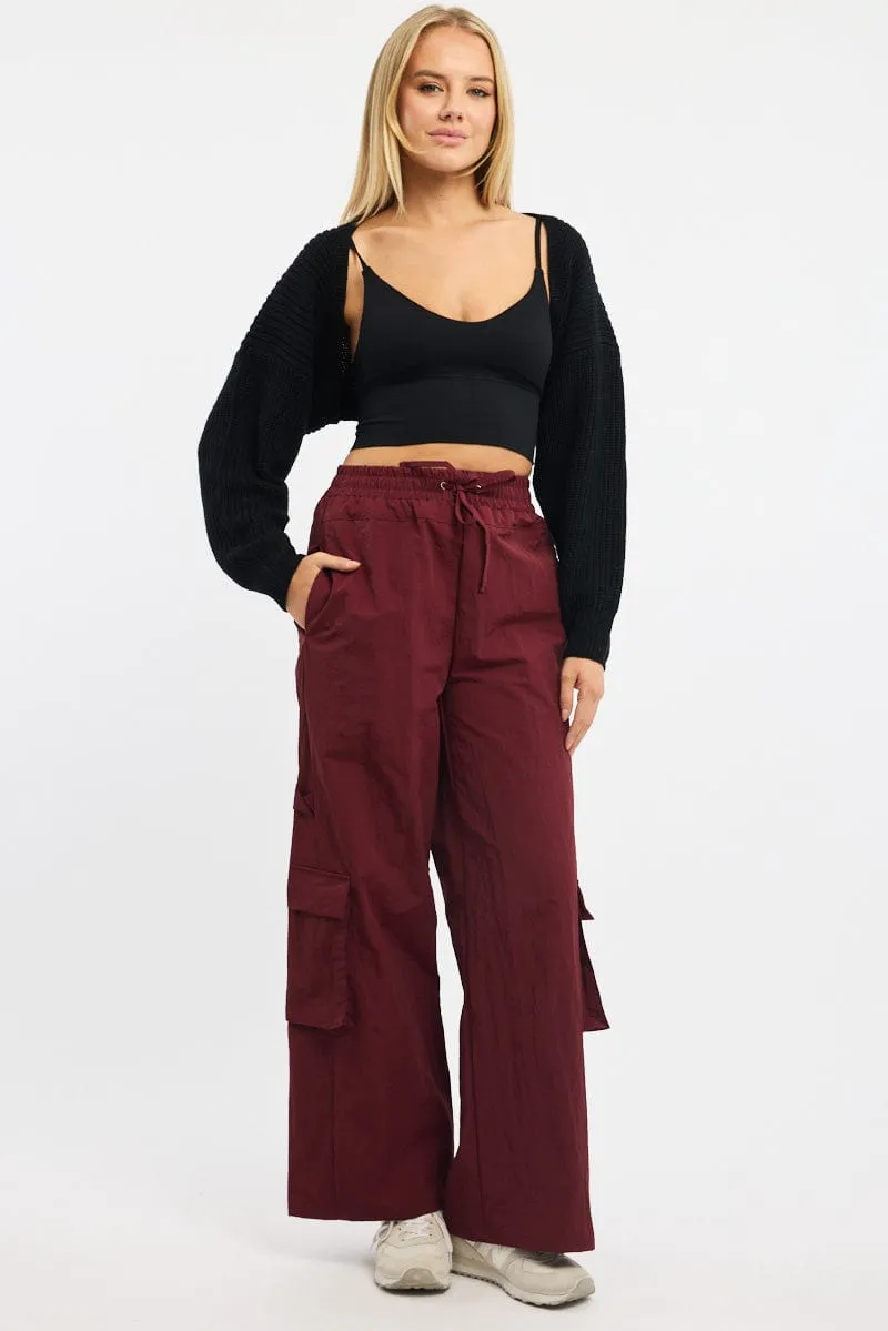 Red Cargo Pants High Rise Smooth Fabric