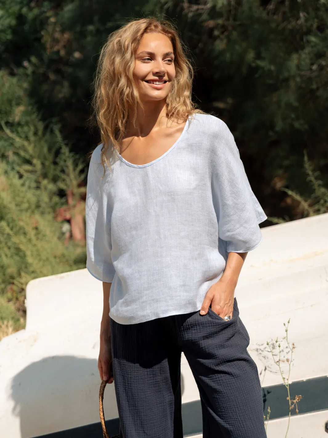 Everyday Style Trend Stretch Jersey Knit Selene Linen Top Serene Blue