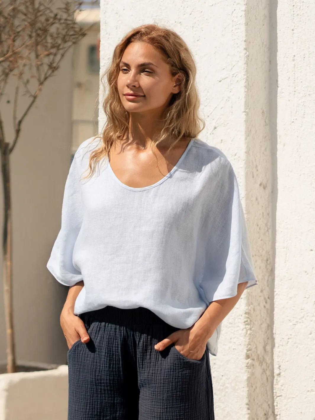 Selene Linen Top Serene Blue Breathable Cotton Fabric UV Protection Fabric
