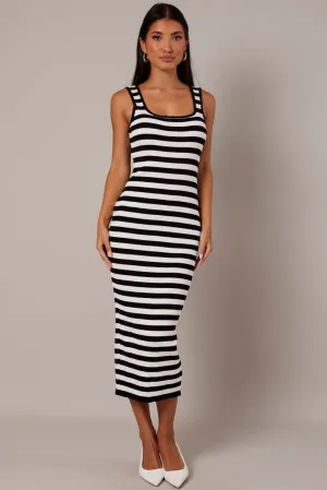 Beige Stripe Knit Midi Dress Sleeveless Scoop Neck Bodycon Rib Elegant fit-and-flare dress
