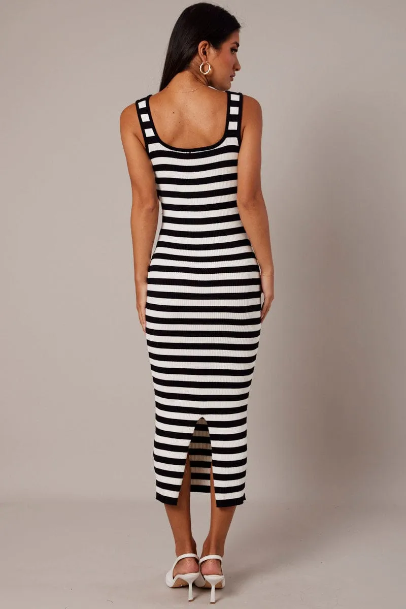 Beige Stripe Knit Midi Dress Sleeveless Scoop Neck Bodycon Rib Classic Design Weekend Brunch