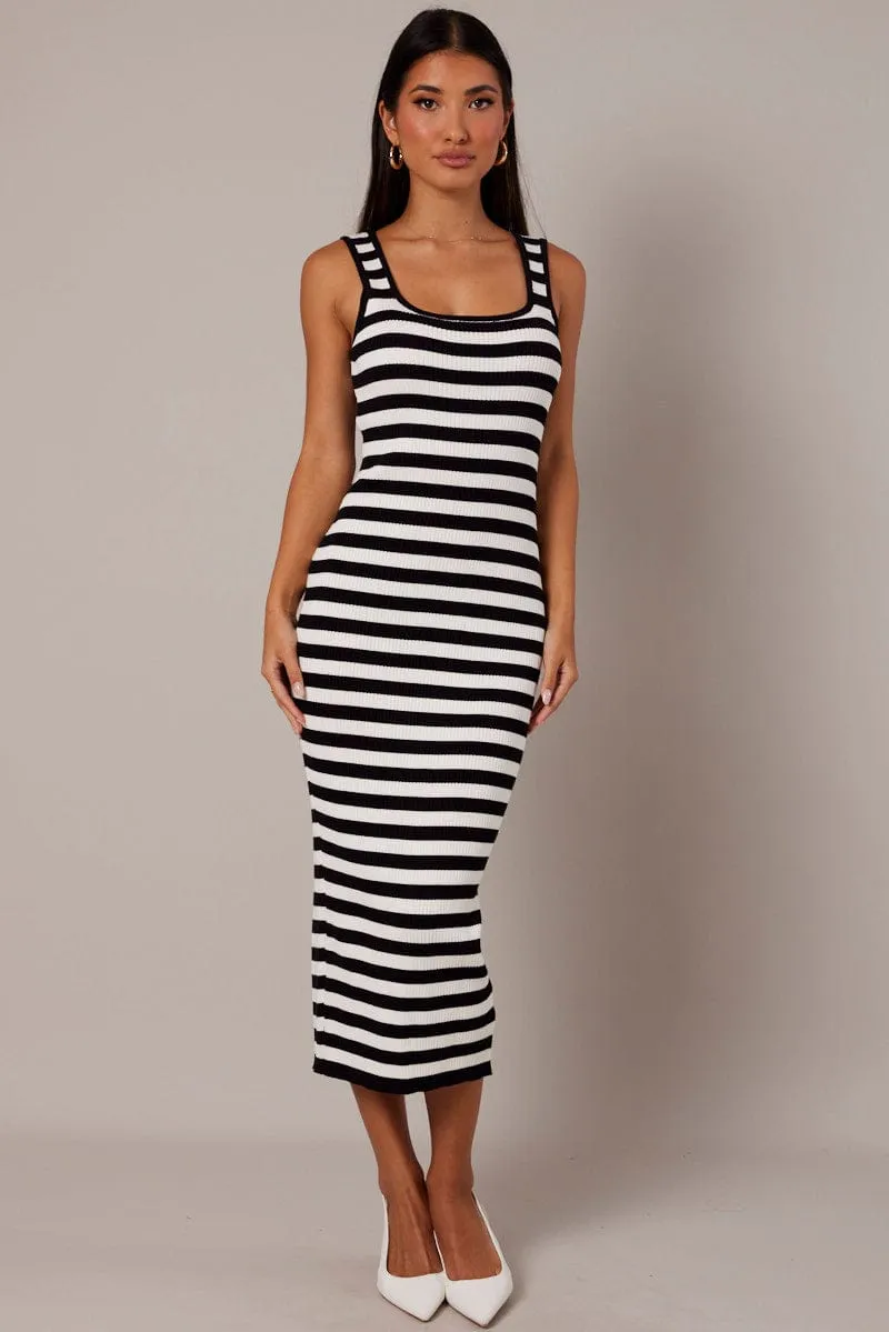 Beige Stripe Knit Midi Dress Sleeveless Scoop Neck Bodycon Rib Elegant fit-and-flare dress