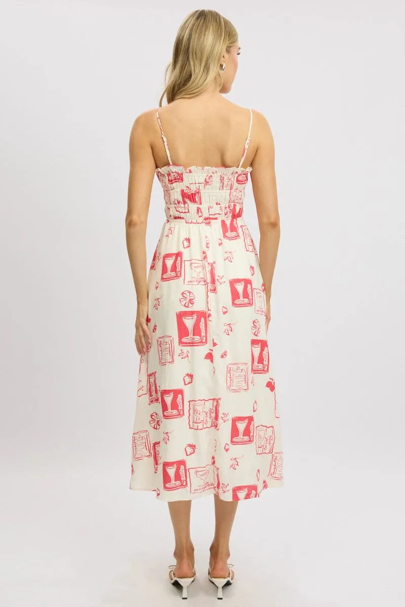 Cool Shade Red Abstract Midi Dress Ribbon Detail Strappy