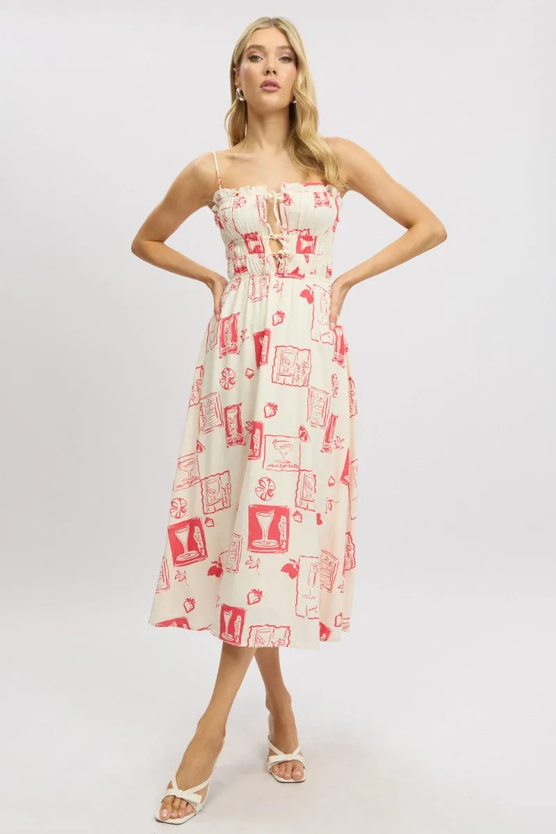 Red Abstract Midi Dress Ribbon Detail Strappy Effortless Wear