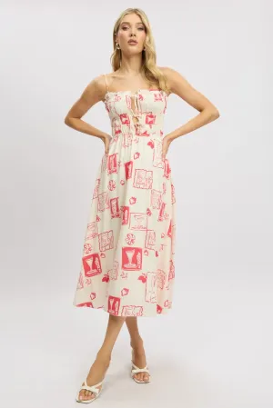 Red Abstract Midi Dress Ribbon Detail Strappy Effortless Wear