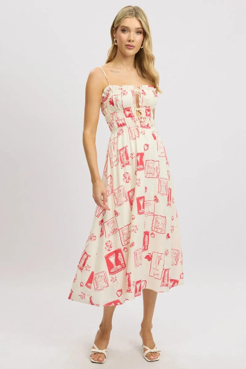 Red Abstract Midi Dress Ribbon Detail Strappy High impact VIP Area