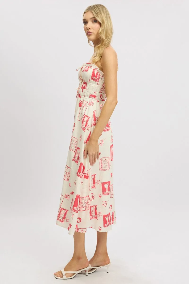 Red Abstract Midi Dress Ribbon Detail Strappy Joyful Self Fashion Essential