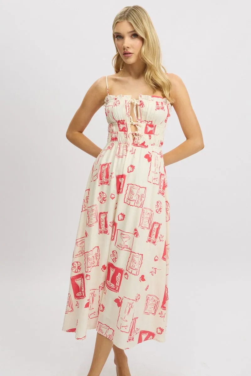 Classic silhouette dress Red Abstract Midi Dress Ribbon Detail Strappy