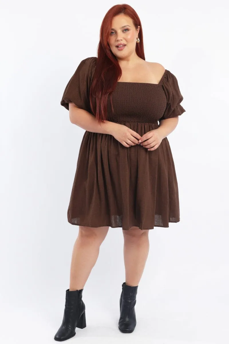 Stylish spring maxi Brown Puff Sleeve Shirred Linen Blend Minidress