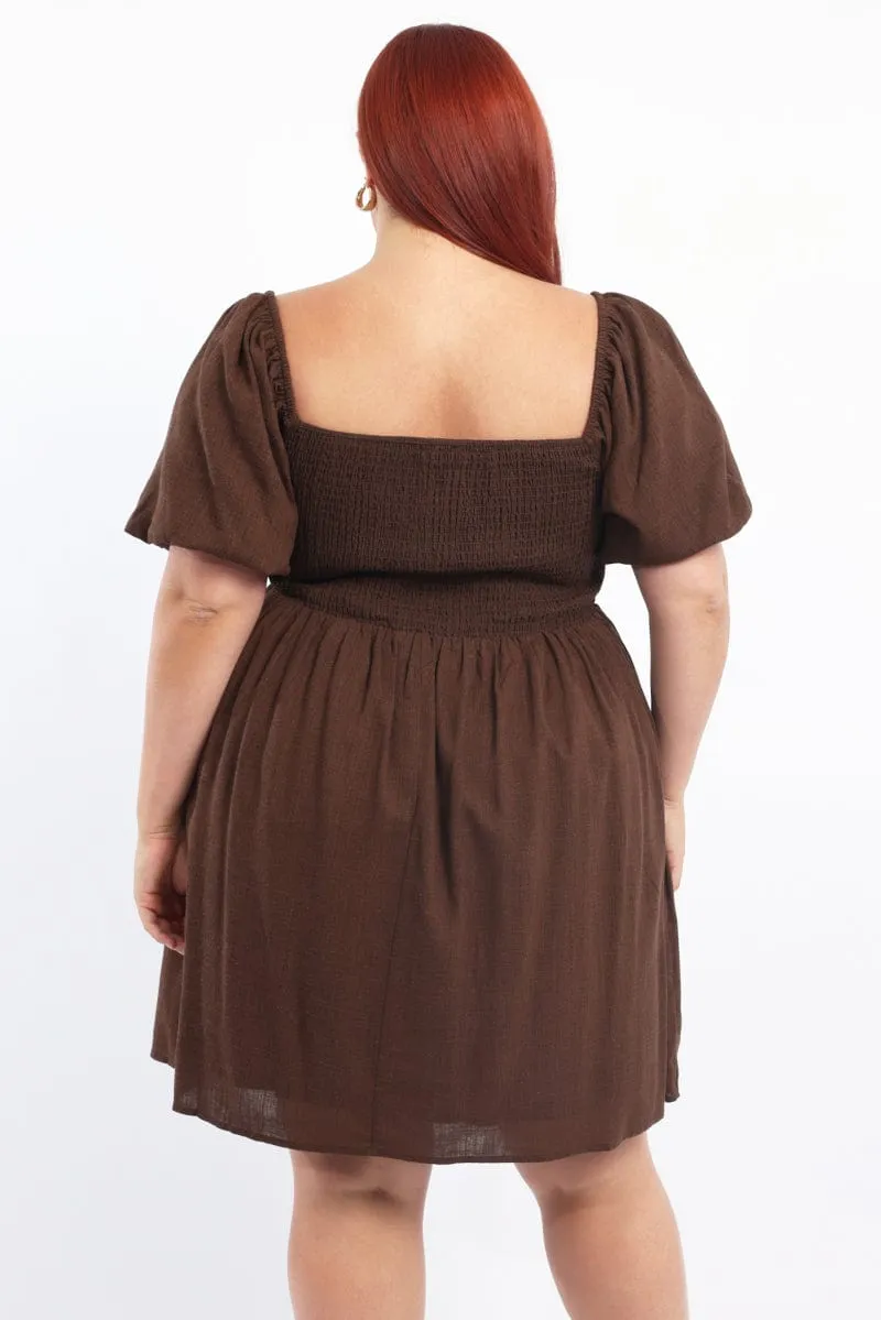 Brown Puff Sleeve Shirred Linen Blend Minidress Cliff Path