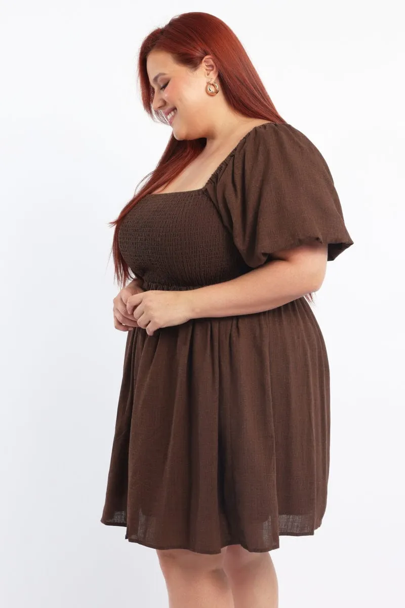 Pleat Art Canal Side Brown Puff Sleeve Shirred Linen Blend Minidress