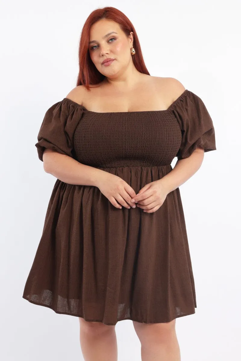 Trim Glow Net Glow Brown Puff Sleeve Shirred Linen Blend Minidress