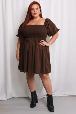 Brown Puff Sleeve Shirred Linen Blend Minidress Canvas Soft Sand Beige