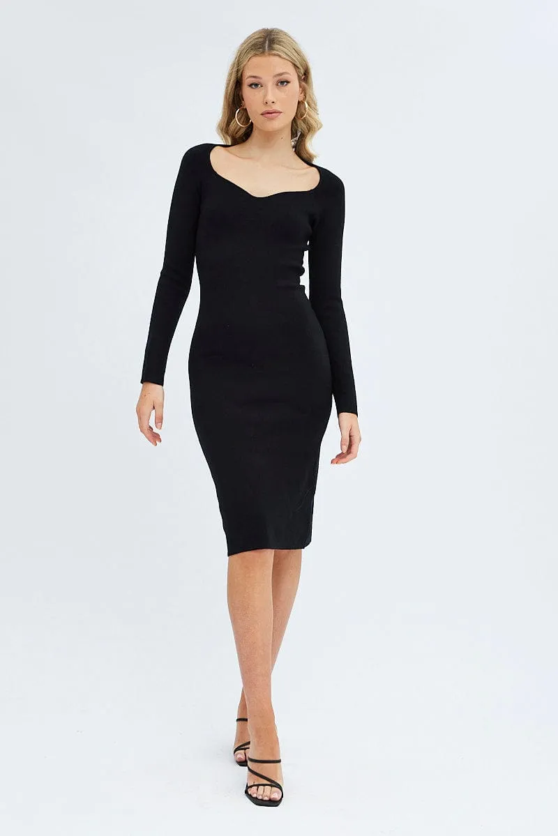 Feminine Charm Black Midi Dress Long Sleeve Sweetheart Neckline Knit